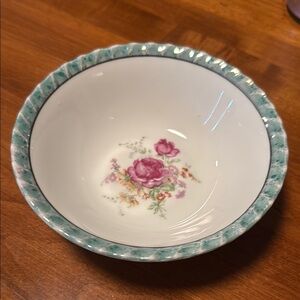 Vintage Floral Porcelain Bowl with Teal Rim made in Japan